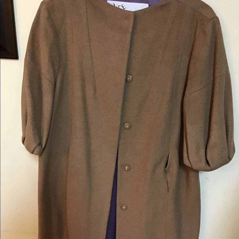USED, LEE ANDERSON COUTURE MIDI TAN COAT.